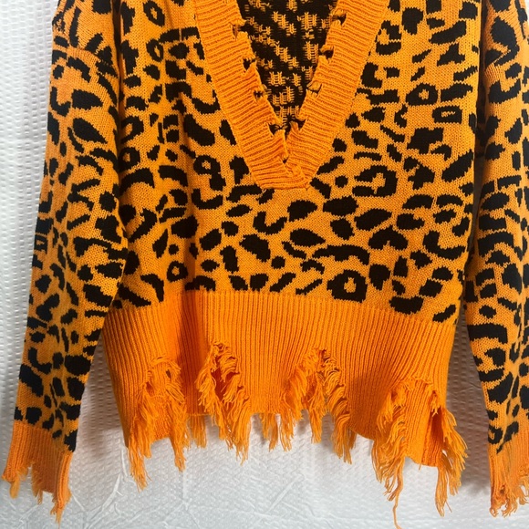 Cheetah Print Women's Fringe Drop Sleeve Crop Sweater Orange  Size L - Picture 11 of 13